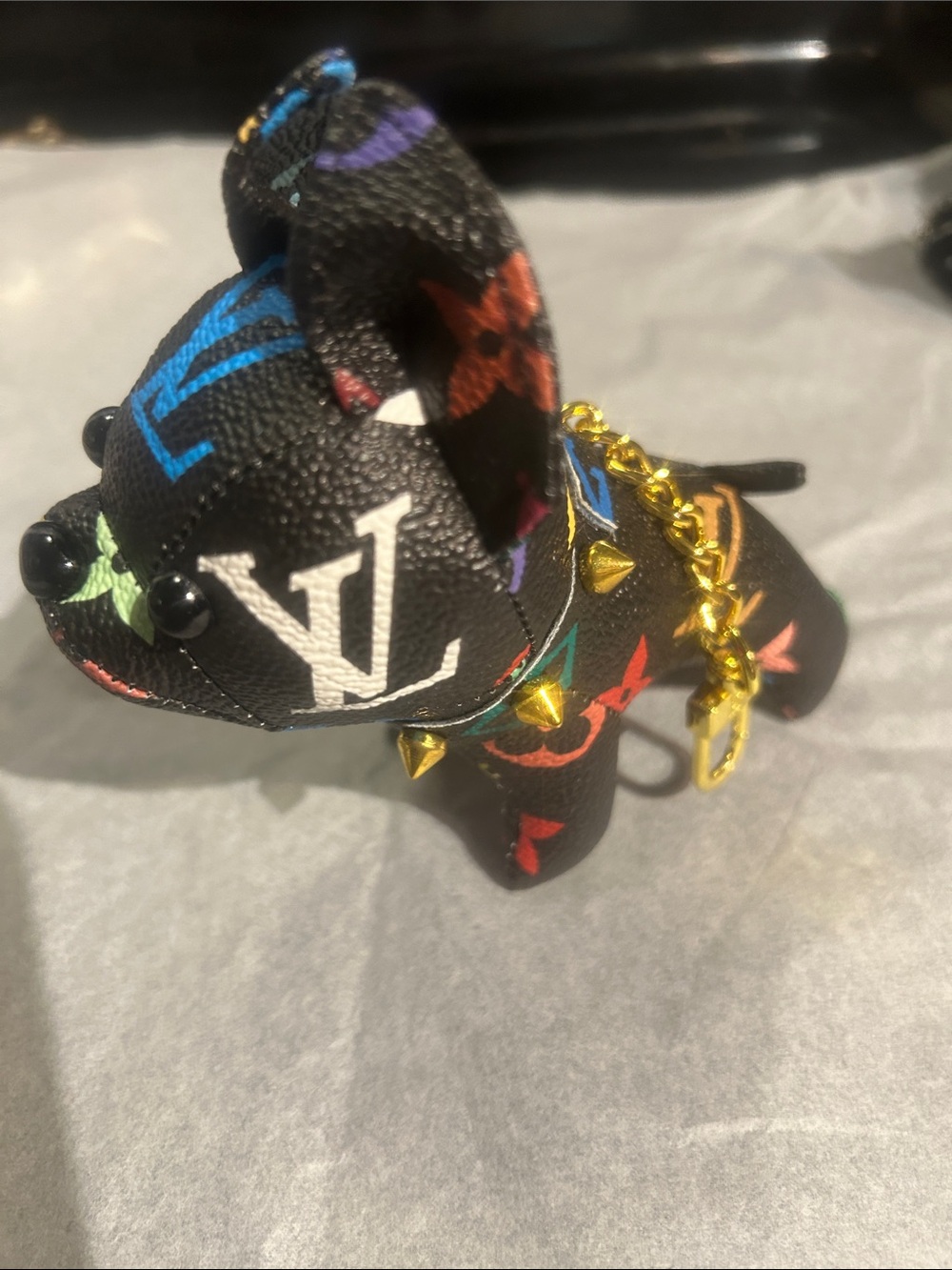 Designer inspired Black Multicolor Monogram Puppy Charm with Gold Accents